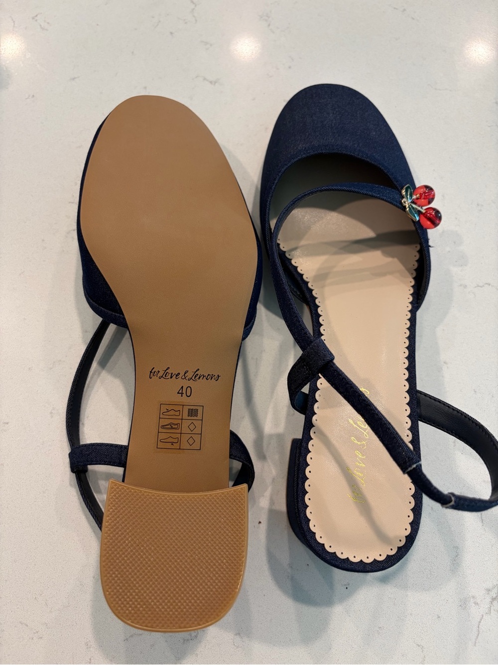 For Love & Lemons Navy Slingback Flats with Red Cherry Accent - Picture 9 of 10